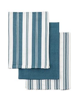 Gallery Set Of 3 Organic Cotton Striped Tea Towels - Blue