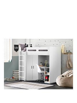 Julian Bowen Hercules High Sleeper with Wardrobe, Desk and Shelving - White, White