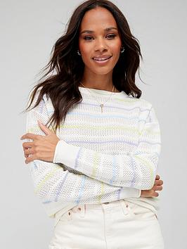 V by Very Knitted Multi Stripe Jumper -White, White, Size 12, Women