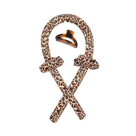 (Leopard Print, Set-4pcs(1*Curl Stick+2*Hair Ring+1*Hairpin)) Ribbon Hair Curler Heatless Curling Rod Headband