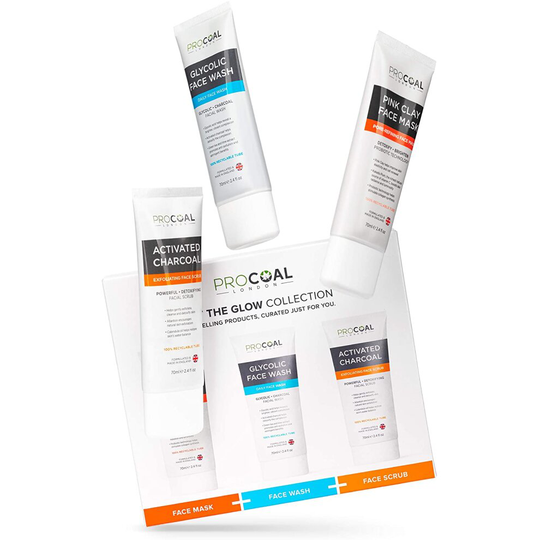 Get The Glow Collection Skincare Gift Set by Procoal - Giftset Includes Face Scrub 70ml, Glycolic Face Wash 70ml and Pink Clay Mask 70ml, Vegan, Cruel
