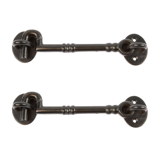 2x Black 175mm Ornate Cabin Hook and Eye - Cast Iron Antique Barn Door Gate Latch Lock - by Hammer & Tongs