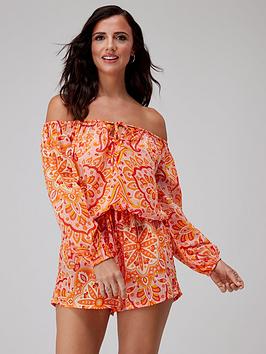 Lucy Mecklenburgh Long Sleeve Bardot Beach Playsuit - Multi, Multi, Size 8, Women