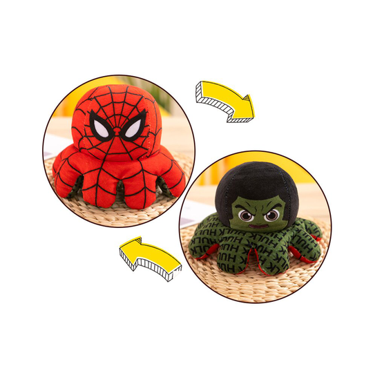 (Spiderman-Hulk, 30cm) Reversible Octopus Plush Toy Iron Man Captain America Hulk Spider-Man | Double-Sided Flip Octopus Toy Christmas Gift