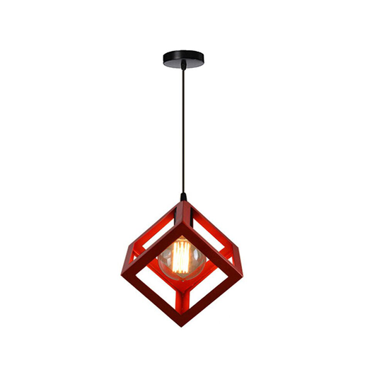 (Red) 1lt Square Metal Wired Frame Pendant Light Cube Ceiling Lamp