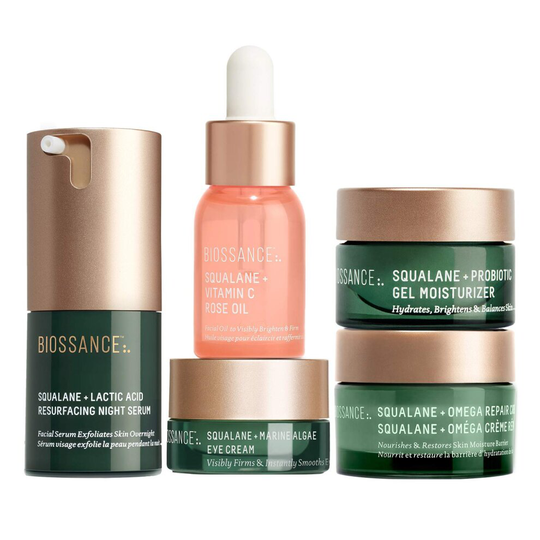 Biossance Overachievers Set - 5-Piece Set - Lactic Acid Night Serum, Vitamin C Rose Oil, Omega Repair Cream, Marine Algae Eye Cream + Probiotic Gel Mo