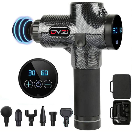 DYZI Handheld Electric Rechargeable Massage Gun - 30 Speeds | Body, Muscle, Deep Tissue Percussion Massager With 6 Head Attachments | Carbon Black