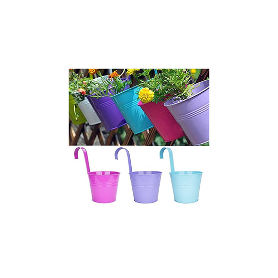 LOVOUS 6.3" x 4.7" x 5.3" Large 3 PCS Iron Hanging Flower Pots Balcony Garden Plant Planter, Wall Hanging Metal Bucket Flower Holders (Assorted C