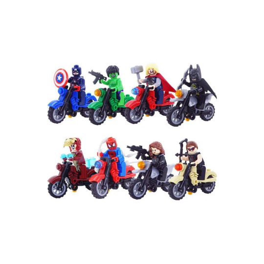 8PCS Superhero Motorcycle Building Blocks Minifigure Toy Spider-Man Iron Man Batman Minifigure Toy Kids Collection Gift