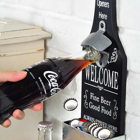 Vintage Retro Cap Bottle Opener Kitchen Bar Wall Mounted Beer with Cap Catcher
