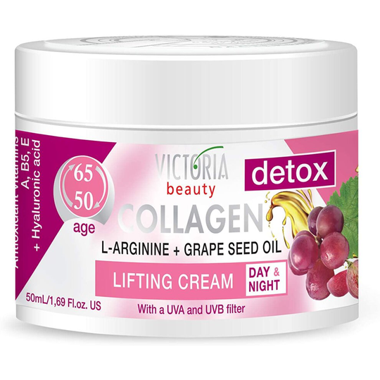 Victoria Beauty Day and Night Anti-Aging Moisturiser with Collagen, Hyaluronic Acid, L-Arginine, Grapeseed Oil, and a UVA/UVB Filter for Ages 50-65