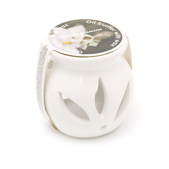 Ceramic Oil Burner With Scented Wax Melt Included | Tealight Candle Holder Essential Oil Fragrance Burner | Aromatherapy Lamp - White Jasmine