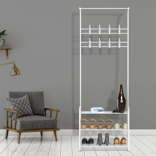 Metal 8 Hook Hat & Coat Stand Clothes Shoe Rack Hanger Hooks Shelf White