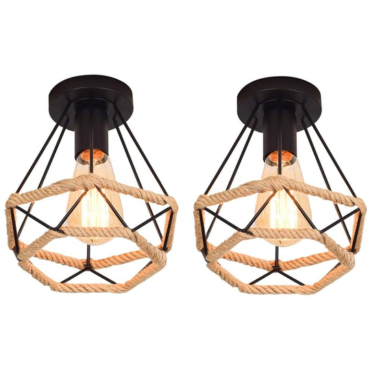 2X Industrial Pendant Light Retro Vintage Ceiling Lamp Diamond Shaped Metal Cage Iron Chandelier Hemp Rope Ceiling Light Fixture for Home Black