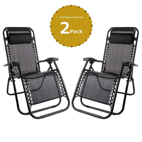 (Black) Set of 2 Heavy Duty Folding Recliner Sun Loungers Garden Outdoor Patio Textoline Reclining Zero Gravity Chairs
