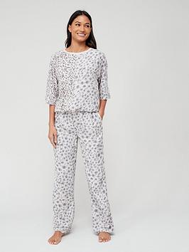 V by Very Woven Animal Print Jogger Pyjama Set - Grey, Grey Animal, Size 8, Women