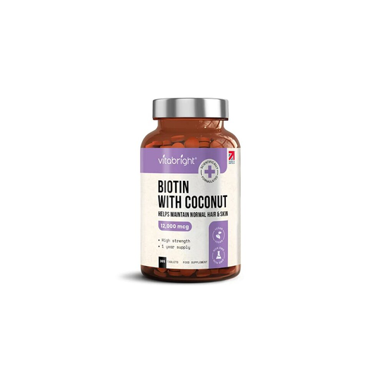 Biotin for Hair Growth Skin and Nails 12000mcg High Strength 365 Tablets 1 Year Supply Enriched with Coconut Oil Powder Natural DBiotin Biologically