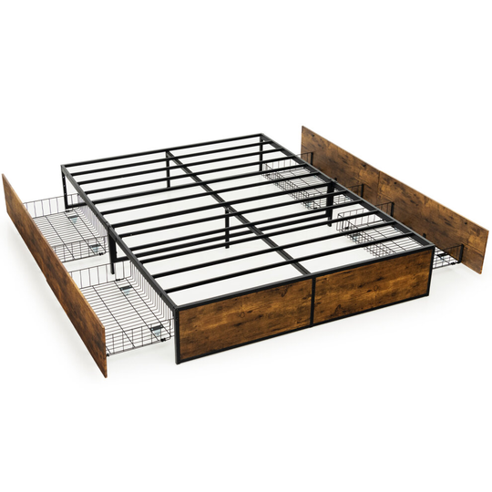 Iron Bed Frame with 4 Drawers Wooden Footboard & Reserved Holes