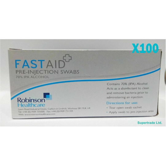 FastAid Pre-Injection Swabs - 70% Isopropyl Alcohol (IPA) Pack of 100 (X 24 Packs)