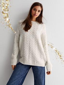 New Look Cable Knit Dropped Shoulder Longline Jumper - Off White
