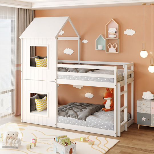 3FT Treehouse Kids Bunk bed, Children's Beds, Cabin Bed Frame, Mid-Sleeper with Treehouse Canopy & Ladder