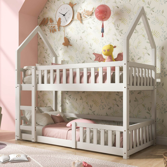 Castle-shaped Solid Wood 3FT Single Bed Frame Bunk Bed Twin Sleeper Bed with Ladder