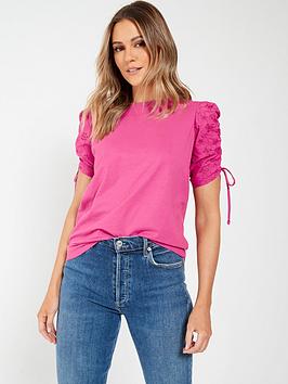 Everyday Ruched Broderie T-Shirt - Pink, Purple, Size 12, Women