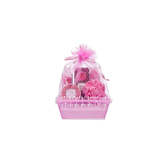 5 Piece Pretty Rose Garden Body & Bath Pink Organza Basket Gift Set - Includes Shower Gel, Bubble Bath, Body Butter, Bath Salts and an Eva Puff