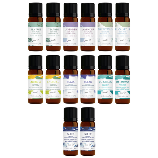 WellbeingMe Essential Oil Multipack | The Complete Collection | Contains Tea Tree, Lavender, Eucalyptus, Energise, Relax, De-Stress & Sleep (x2 Each)