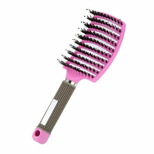 (Pink) Boar Bristle Hair Brush Curved and Vented Detangling Hair Brush