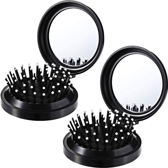 2 Pack Folding Travel Mirror Hair Brushes Round Folding Pocket Hair Brush Mini Hair Comb Compact Travel Size Hair Massage Combor Women and Girls