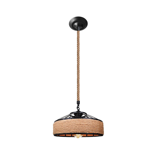 (Dia 40cm) Vintage Industrial Hemp Rope Chandelier Barn Pendant Light Iron Metal Ceiling Hanging Lamp