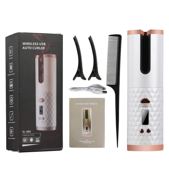 (White) Cordless Automatic Rotating Hair Curler Iron