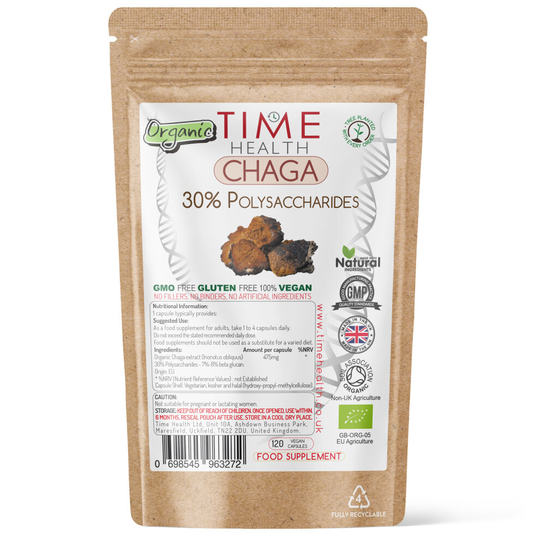(120 Capsules) Organic Chaga Mushroom Extract - 30% Polysaccharides 8% Beta Glucans Inonotus obliquus