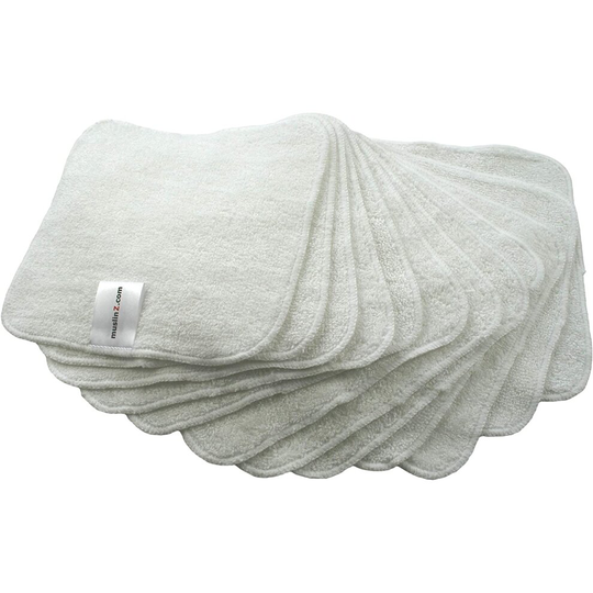 MuslinZ 12PK Wipes Bamboo Cotton Terry Wipes 20x20 cms Face Cloth Washable reuseable Baby Wipes (White)