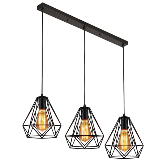 Industrial Pendant Light Black Retro Ceiling Light Vintage 3 Lights Chandelier Ø20CM Diamond Hanging Light Metal Iron Lamp Shade