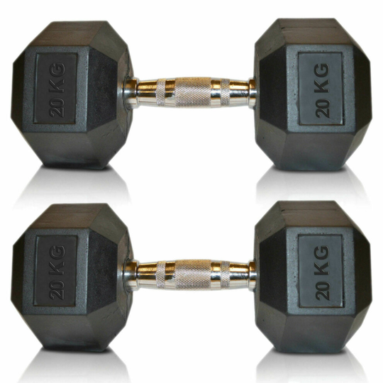 (2 x 20 kg) Viper Hex Dumbbells Cast Iron Weights Hexagonal Dumbbell Rubber Encased Gym Fitness Sold in Pairs.
