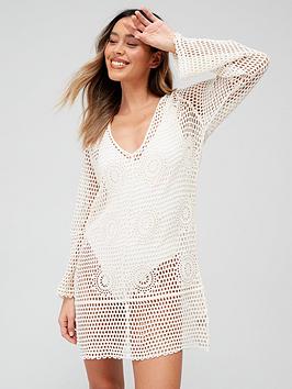 V by Very Long Sleeve V Neck Crochet Mini Dress, Cream, Size M, Women