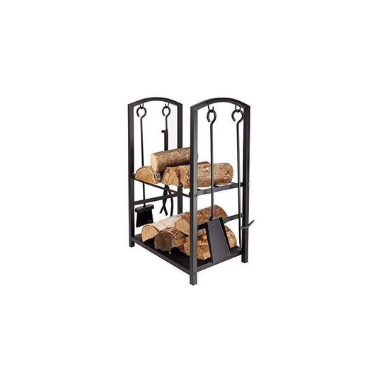HomeZone Large Fireplace Log Rack with 4 Tools Indoor Outdoor Fireside Firewood Holders Lumber Storage Stacking Black Wrought Iron Logs Bin Holder