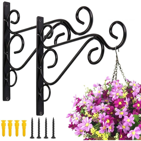 KSS 2Pcs Iron Plant Hanger Wall Hooks,Hanging Basket Brackets Wrought Iron Bracket for Lantern Planter Flower Hanger Fence (Black)
