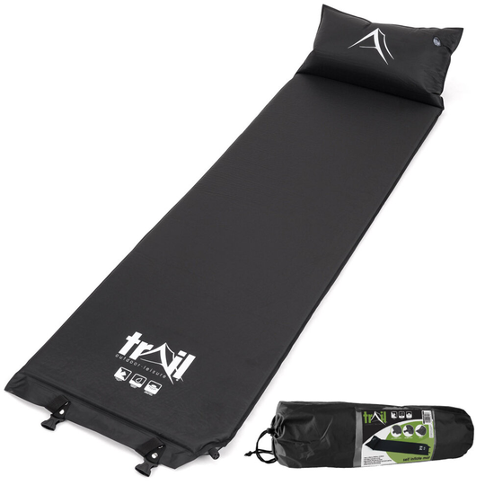(Black) Single Camping Mat Inflatable Camp Roll Mattress Self Inflating With Pillow