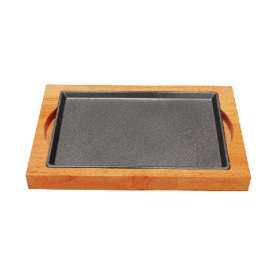 Cast Iron Rectangle Skillet Pre-Seasoned with Wooden Under-tray