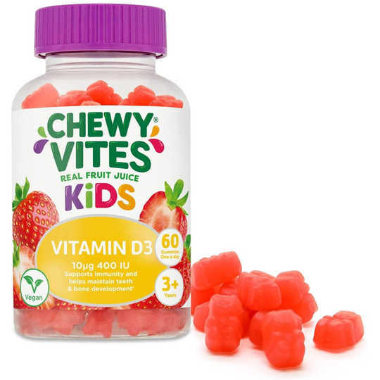 Chewy Vites Kids, High Strength Vit D3 60 Gummy Vitamins, 10 micrograms, 400 IU, 1-a-day, Real fruit juice, Vegan, 3 years +