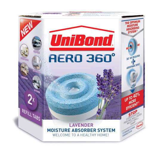 (PK (12x 2x 450g Refills)) UniBond Aero 360 Moisture Absorber Relaxing Lavender Refill Tabs (2x 450g per pk)