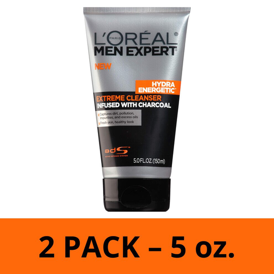 L'Oreal Paris Skincare Men Expert Hydra Energetic Facial Cleanser with Charcoal for Daily Face Washing, 2 count