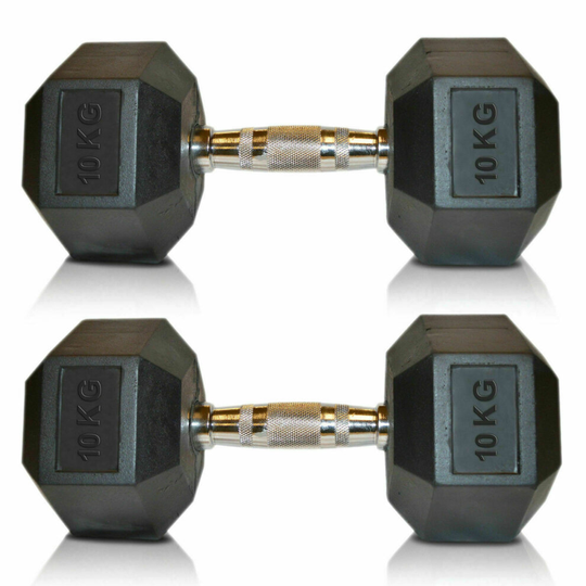 (2 x 10 kg) Viper Hex Dumbbells Cast Iron Weights Hexagonal Dumbbell Rubber Encased Gym Fitness Sold in Pairs.