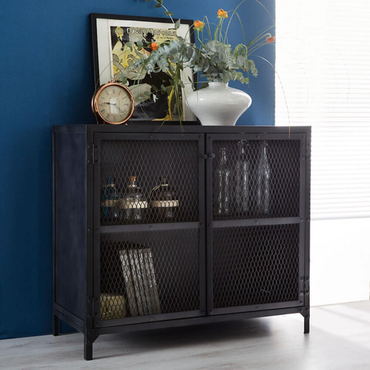 Modern Handcrafted Reclaimed Iron Two Door Small Sideboard Internal Shelf