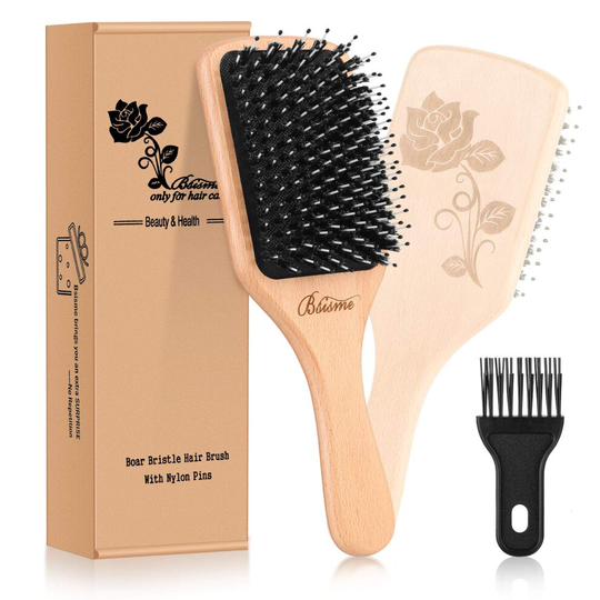 Bsisme Hair Brush-Boar Bristle Hairbrush with Detangling Pins Wooden Paddle Detangler Hairbrush for Women Men Reduce Frizz Dry Restore Natural Shine