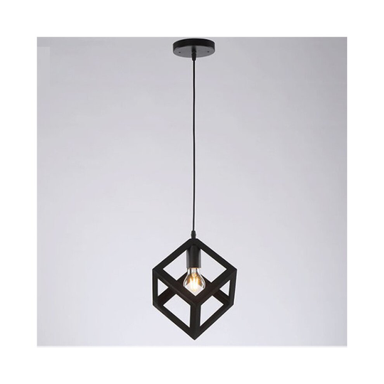 (Black) 1lt Square Metal Wired Frame Pendant Light Cube Ceiling Lamp