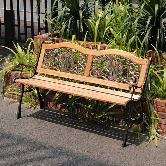Vintage 3 Seat Garden Wooden Bench Outdoor Porch Cast Iron Leg Park Patio Seat